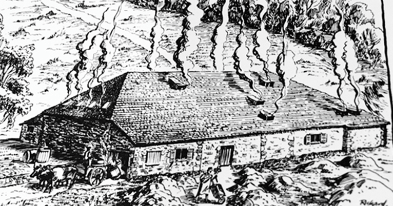Black and white drawing of a long one story building with multiple smokestacks, depicting the Amelung glasshouse.